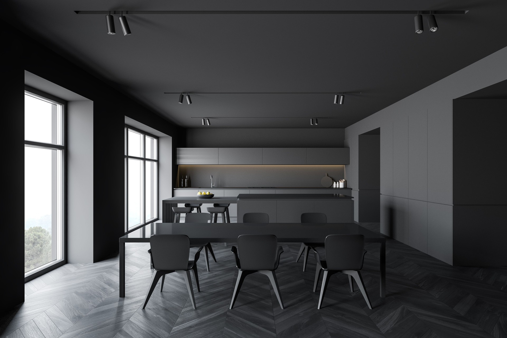 Gray kitchen interior with table and bar